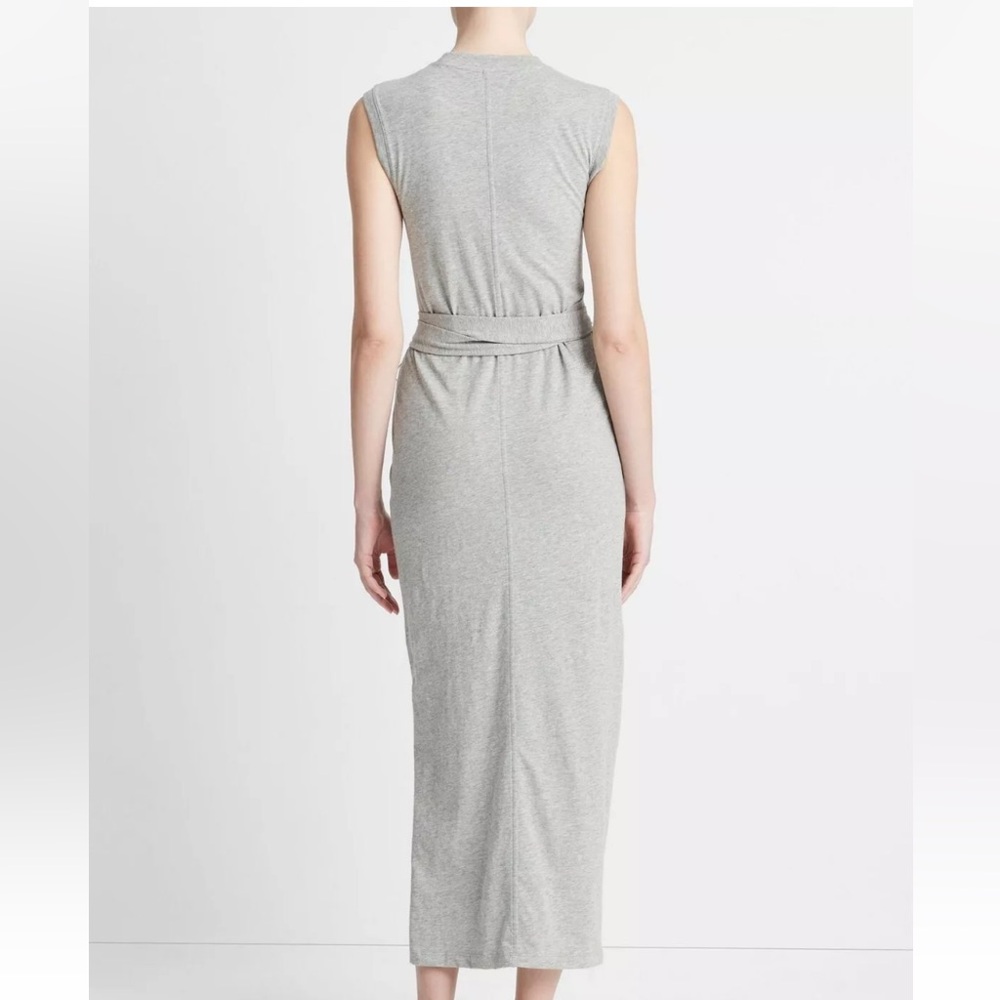 New! Vince Cotton Sleeveless Wrap Dress Gray Midi Slit - Picture 2 of 7